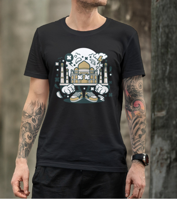 Taj Mahal Pop Art Icon With Lightning Clouds And Sneakers T-Shirt
