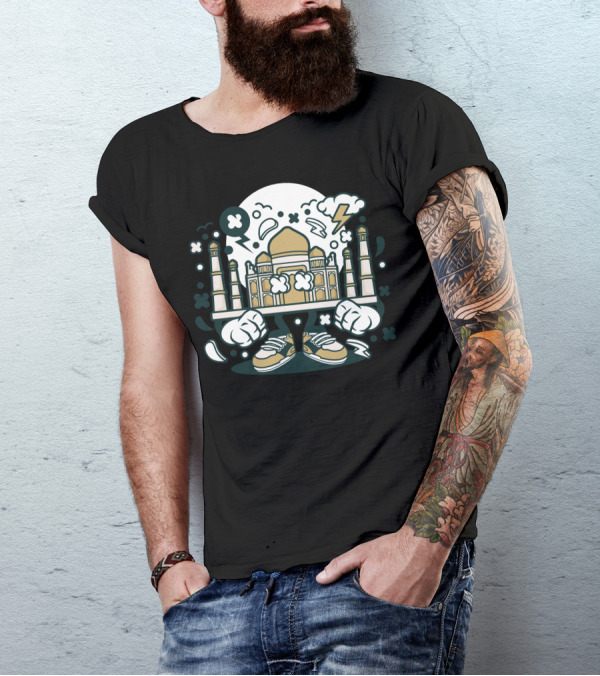 Taj Mahal Pop Art Icon With Lightning Clouds And Sneakers T-Shirt