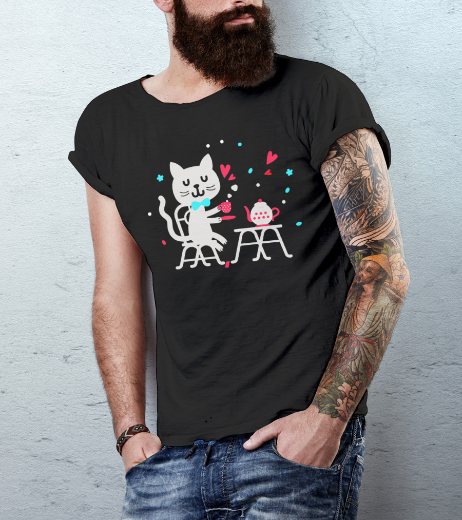Tea Time Cat With Bow Tie And Hearts T-Shirt