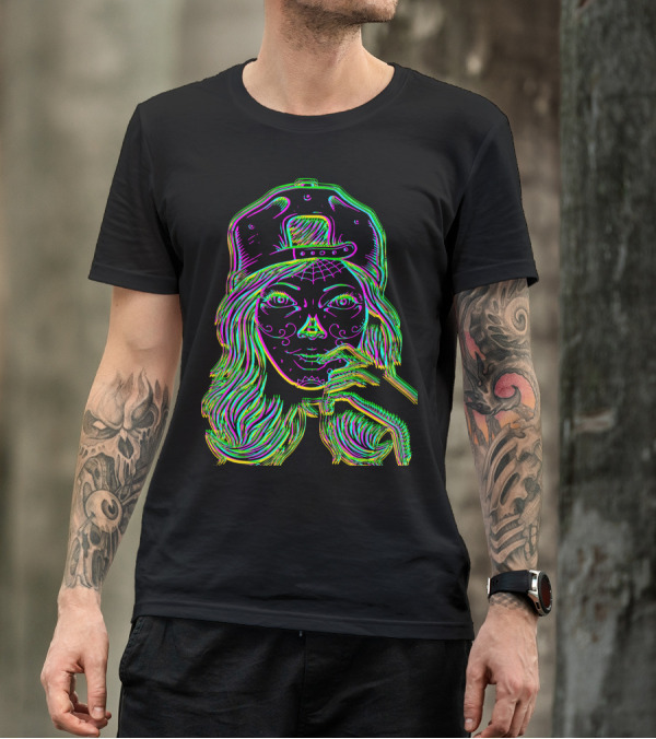 Tatoo Girl With Neon Hat And Geometric Face T-Shirt