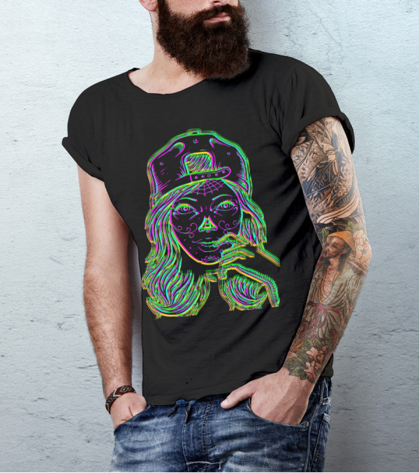 Tatoo Girl With Neon Hat And Geometric Face T-Shirt