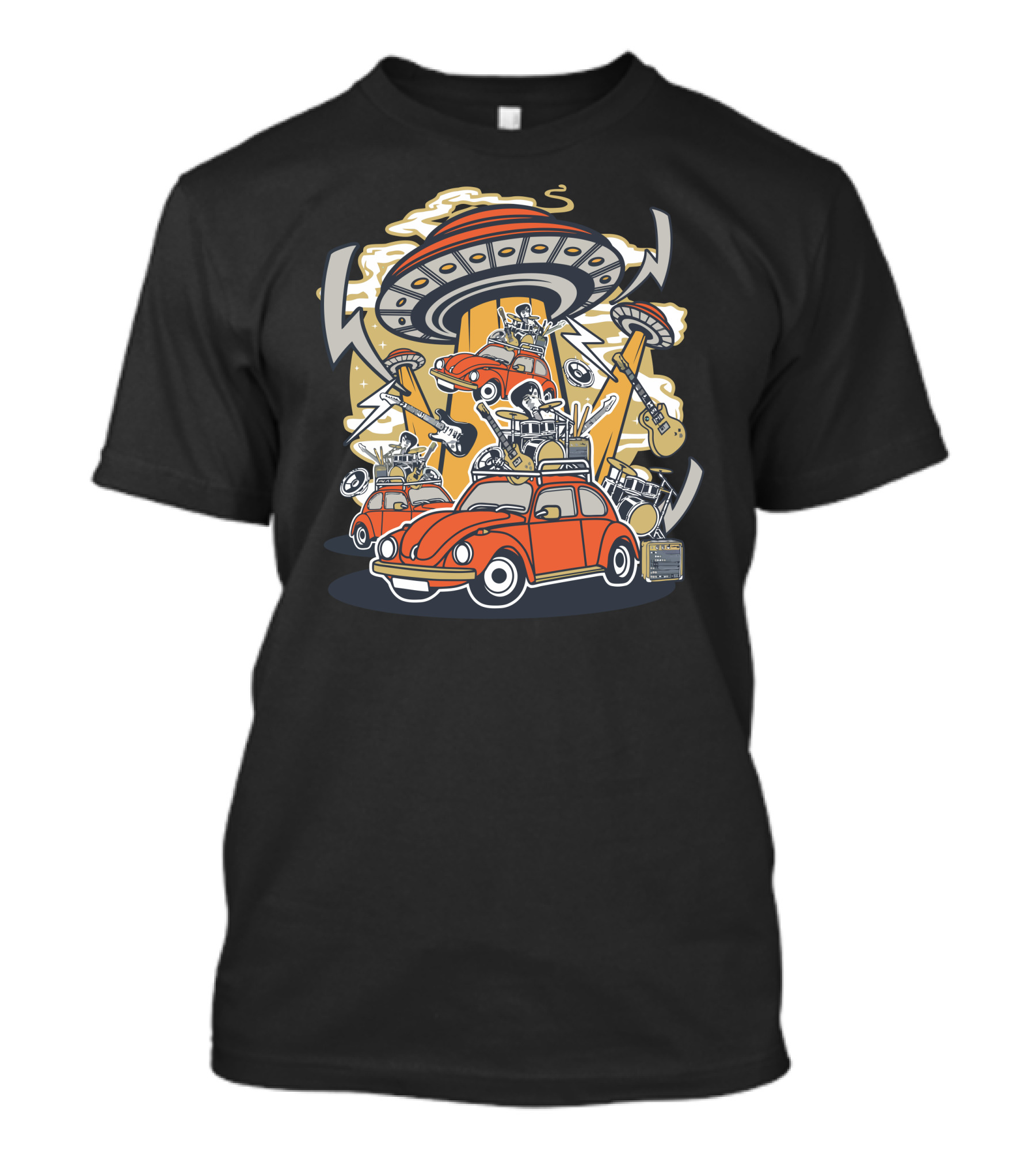UFO Rock Tour With Vintage Cars And Electric Guitars On White T-Shirt