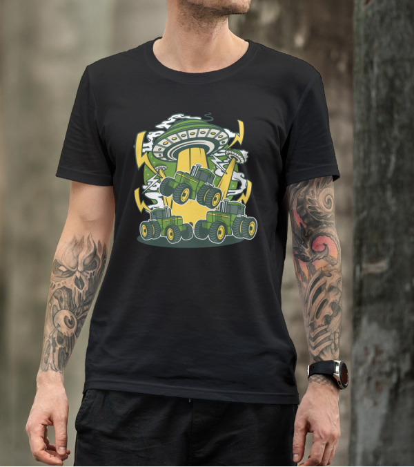 Ufo Tractor Abduction With Beam Lifting Green Farming Vehicles T-Shirt