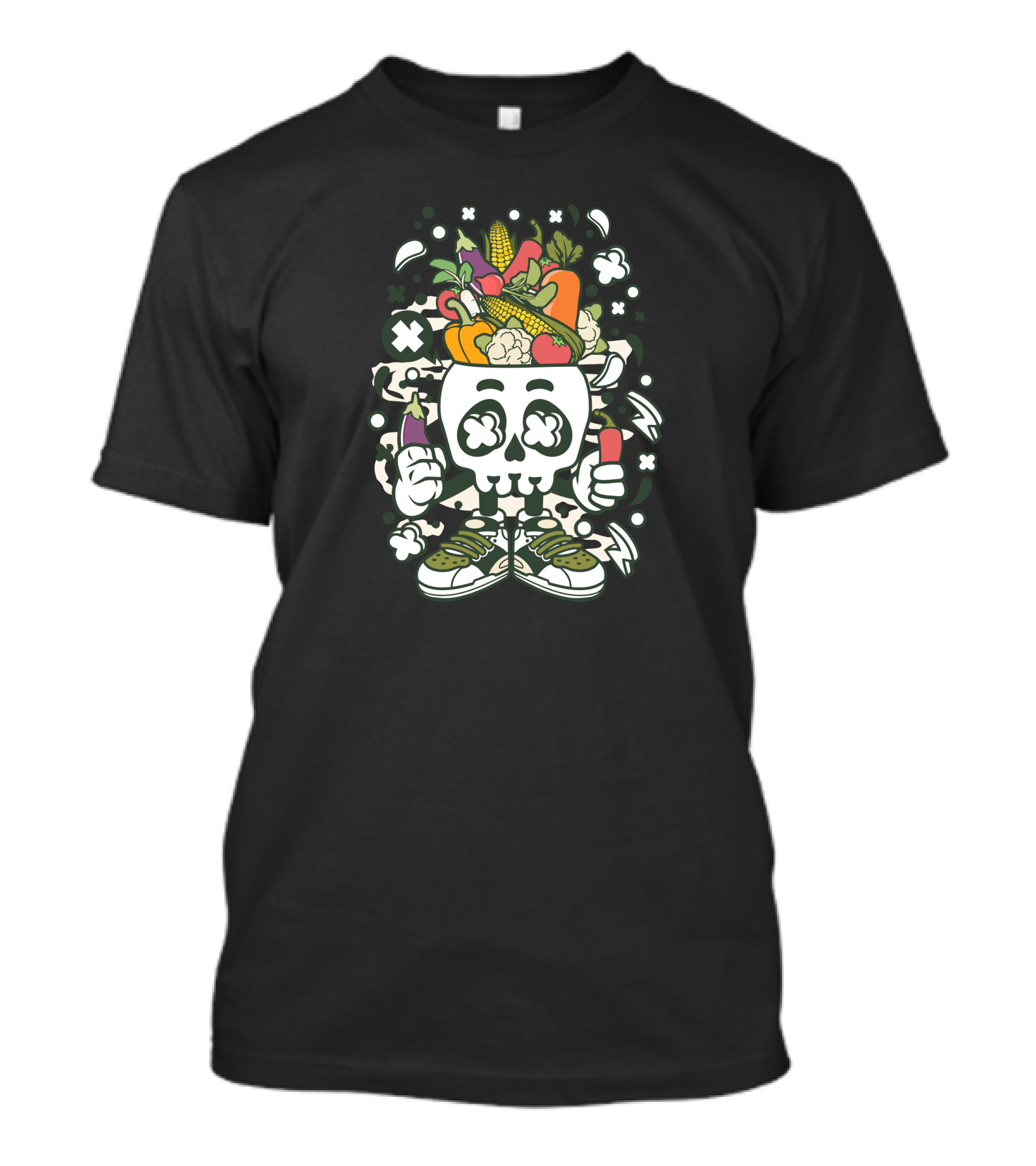 Vegetable Skull Cartoon With Sneakers And Cornucopia Background T-Shirt