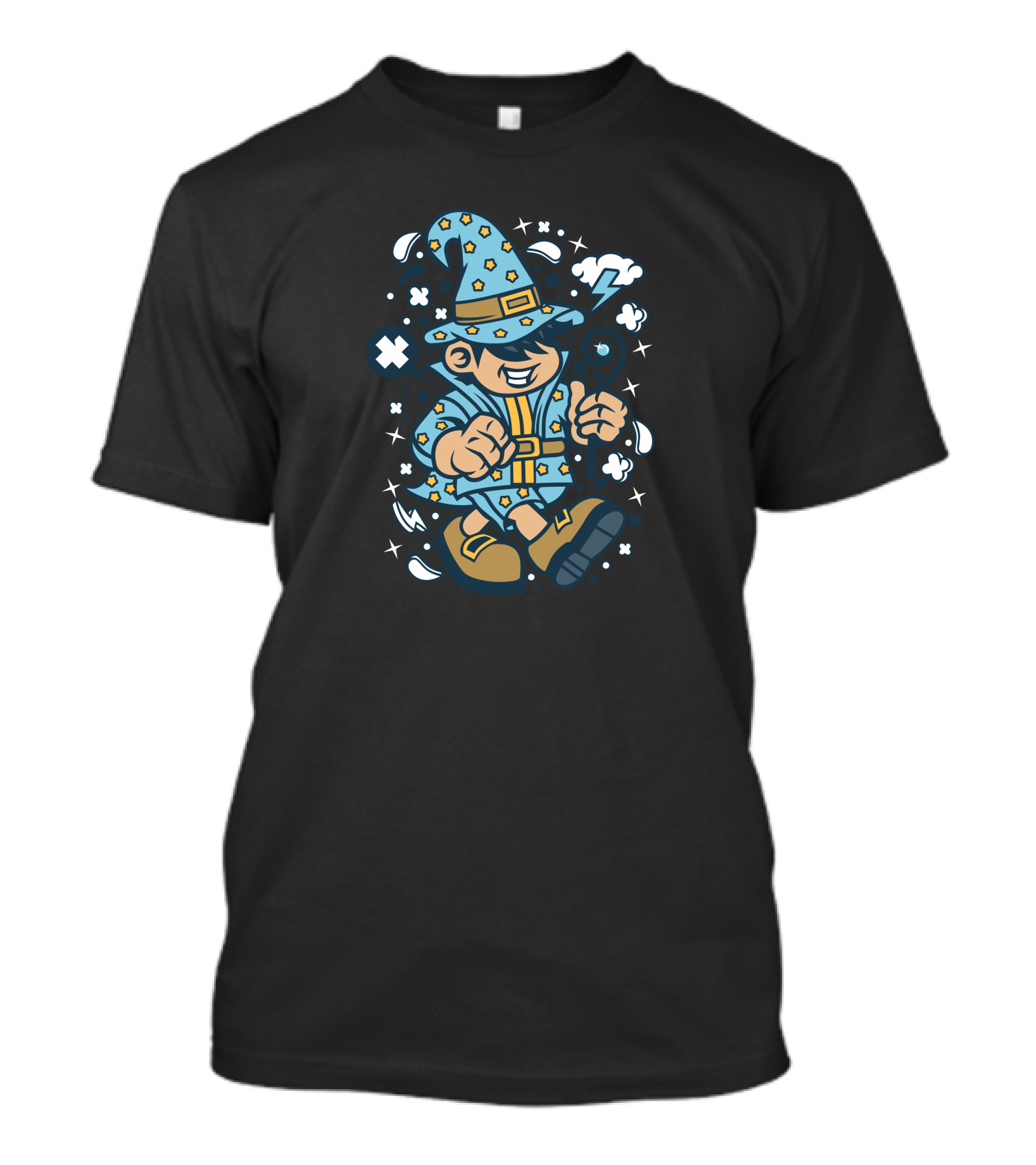 Charming Cartoon Wizard In Blue Starry Hat And Robe With Magic Symbols T-Shirt