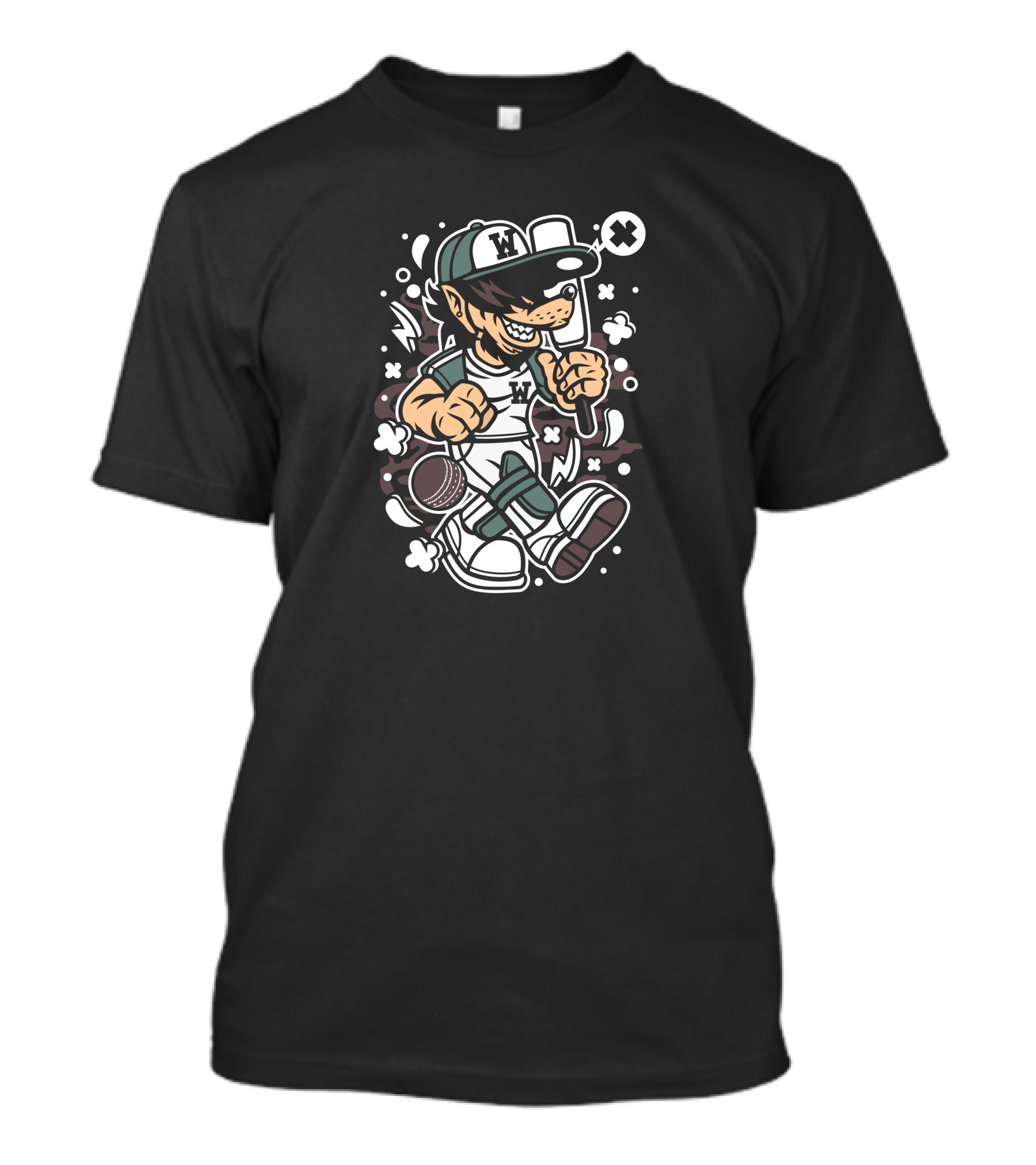 Wolf Cricket Cartoon Athlete Holding Bat And Ball T-Shirt