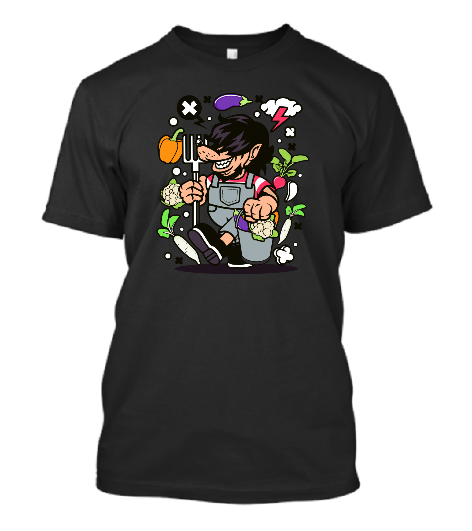 Wolf Farmer Harvesting Vegetables With Fork And Basket T-Shirt