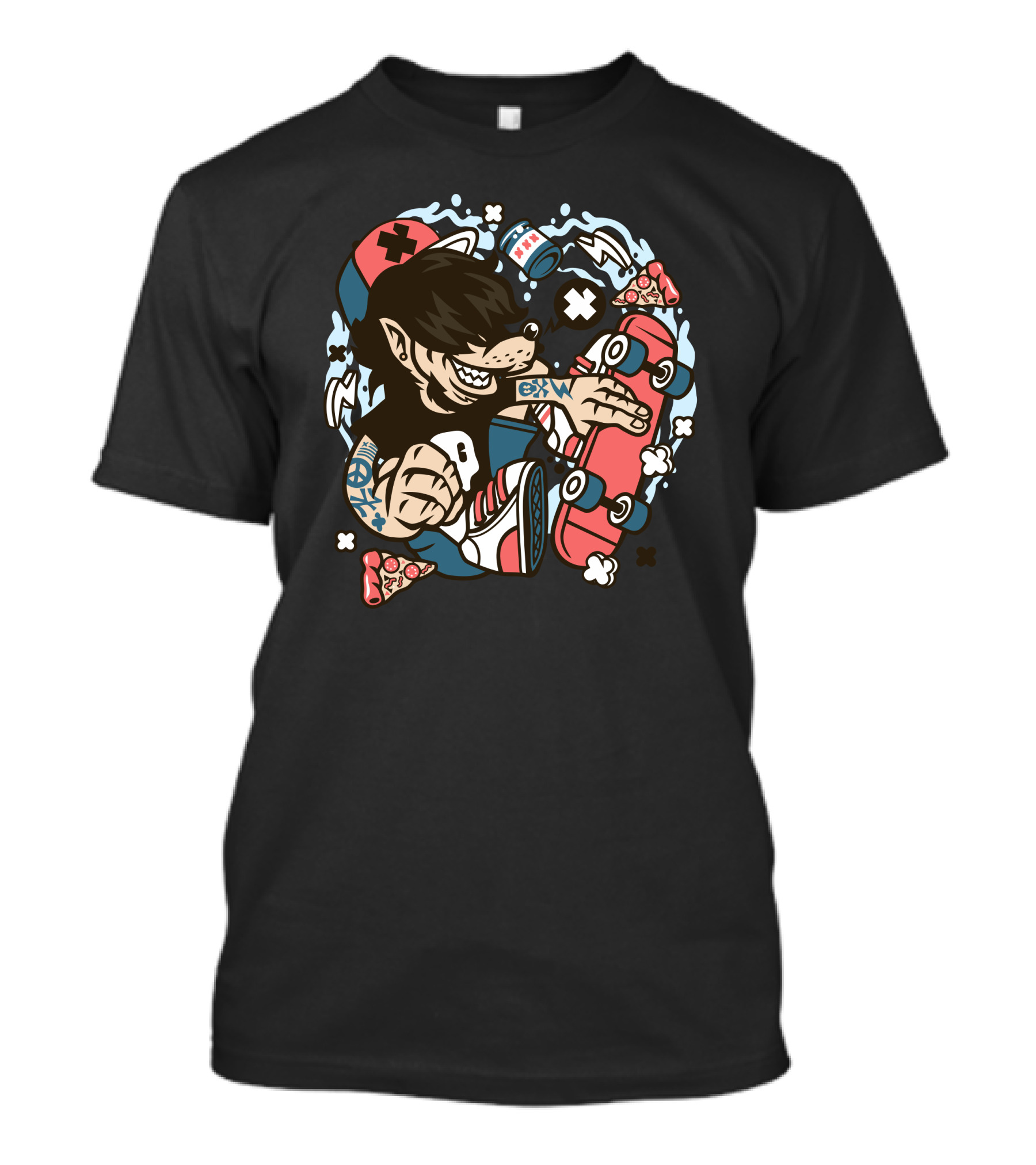 Wolf Skater Pizza And Soda Street T-Shirt