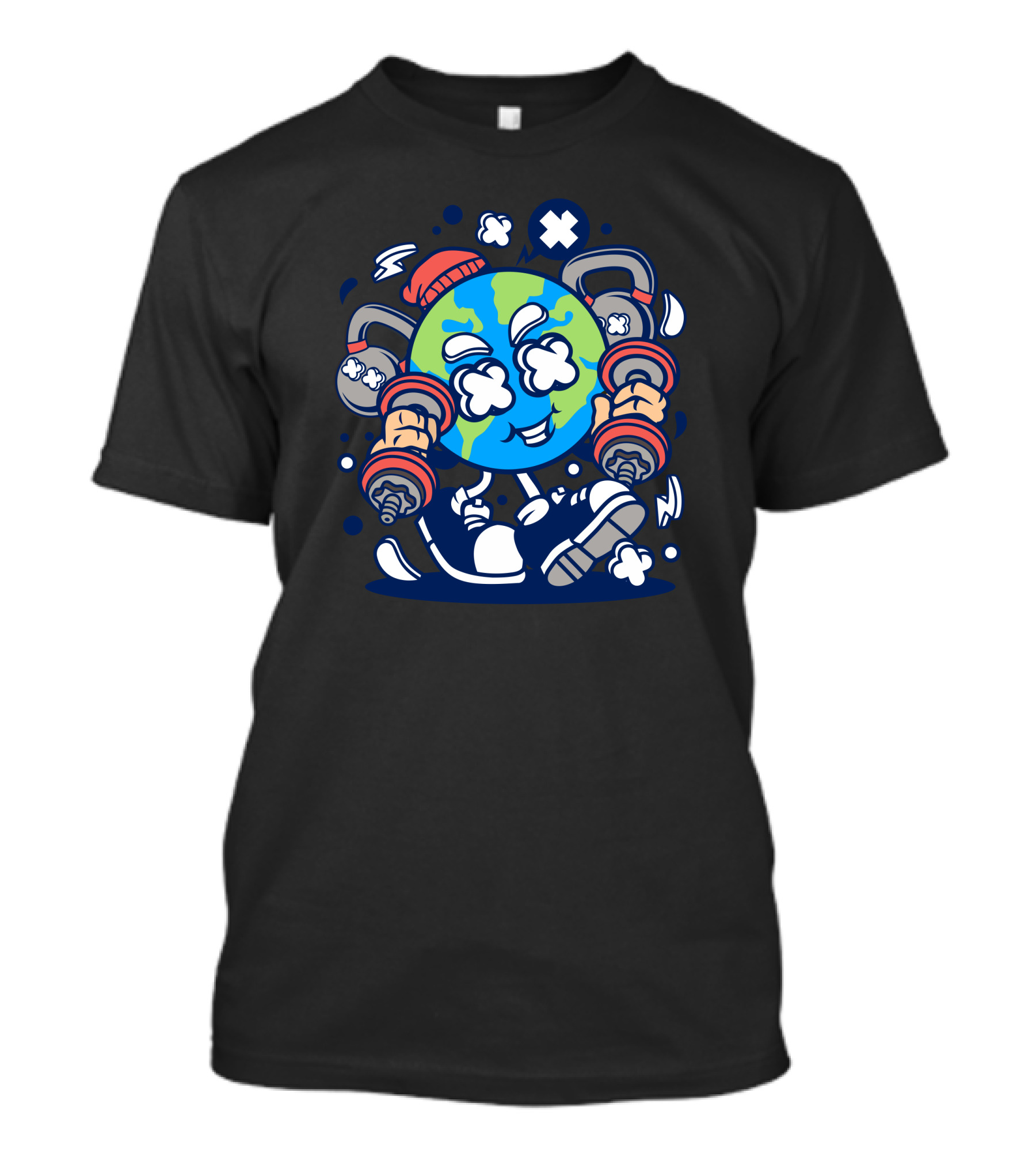 World Fitness Globe Lifting Dumbbells Cartoon T-Shirt
