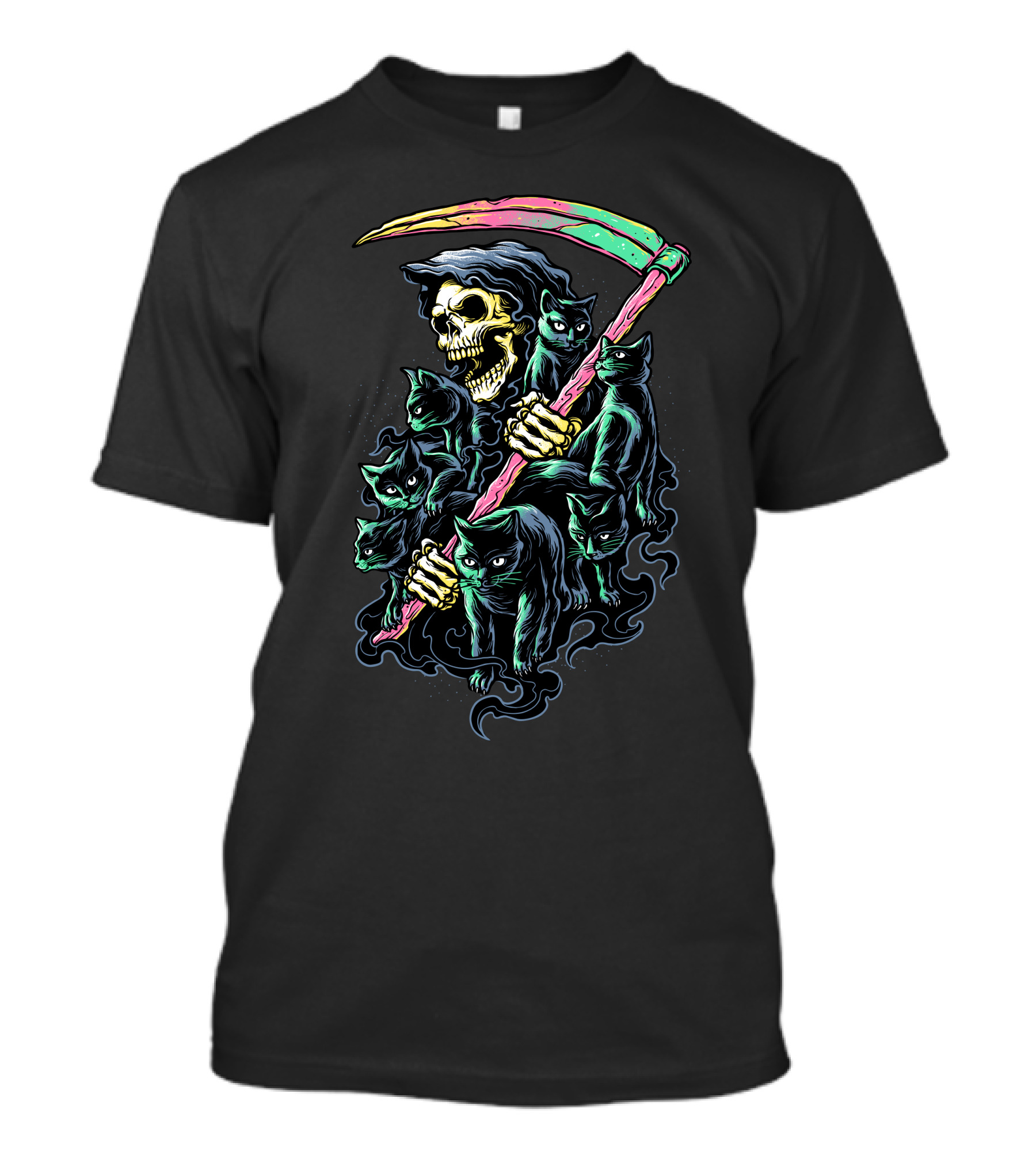 Grim Reaper With Scythe Surrounded By 7 Deathly Cats T-Shirt