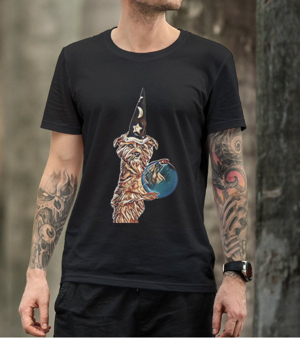 Wizard Terrier Holding Crystal Ball With Moon And Star Hat T-Shirt