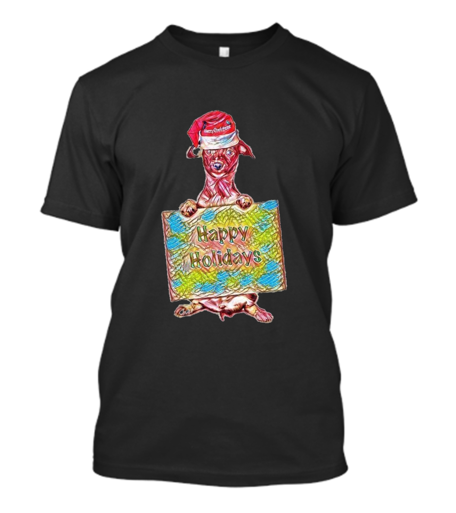 Happy Holidays Festive Cute Dog With Santa Hat T-Shirt