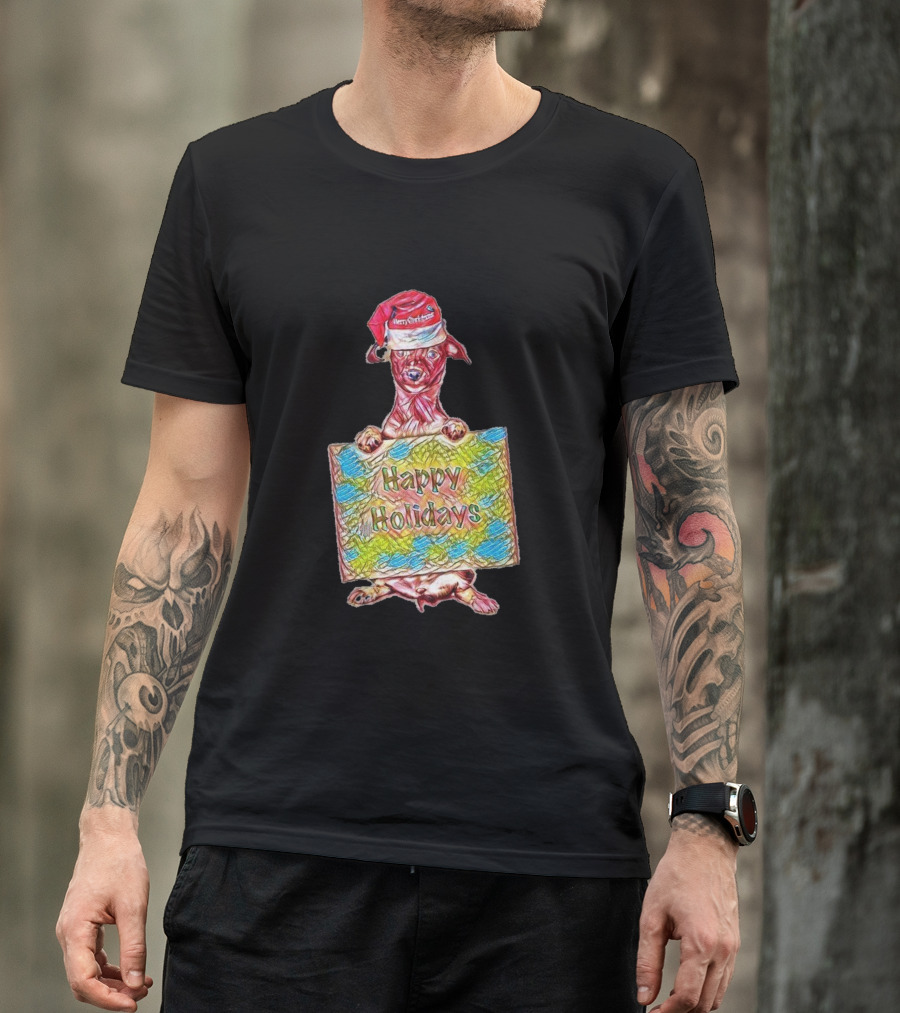 Happy Holidays Festive Cute Dog With Santa Hat T-Shirt