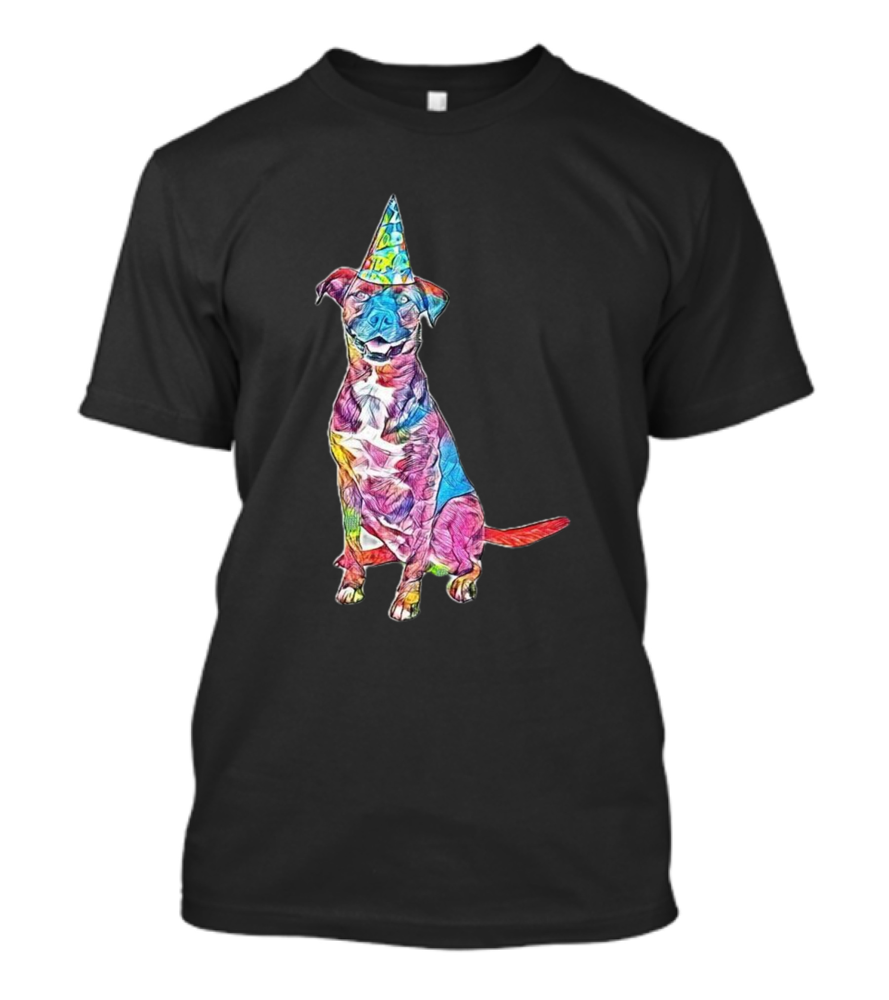 A Happy And Friendly Dog Wearing Colorful Party Hat T-Shirt