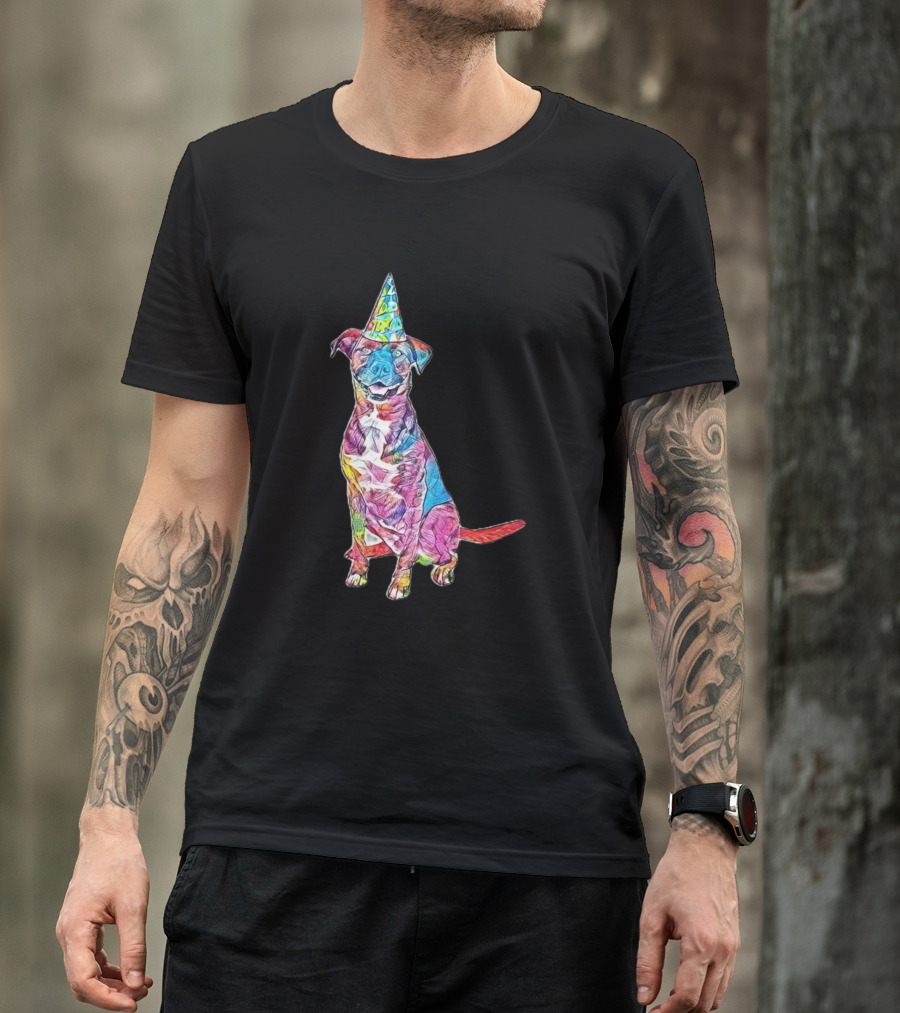 A Happy And Friendly Dog Wearing Colorful Party Hat T-Shirt