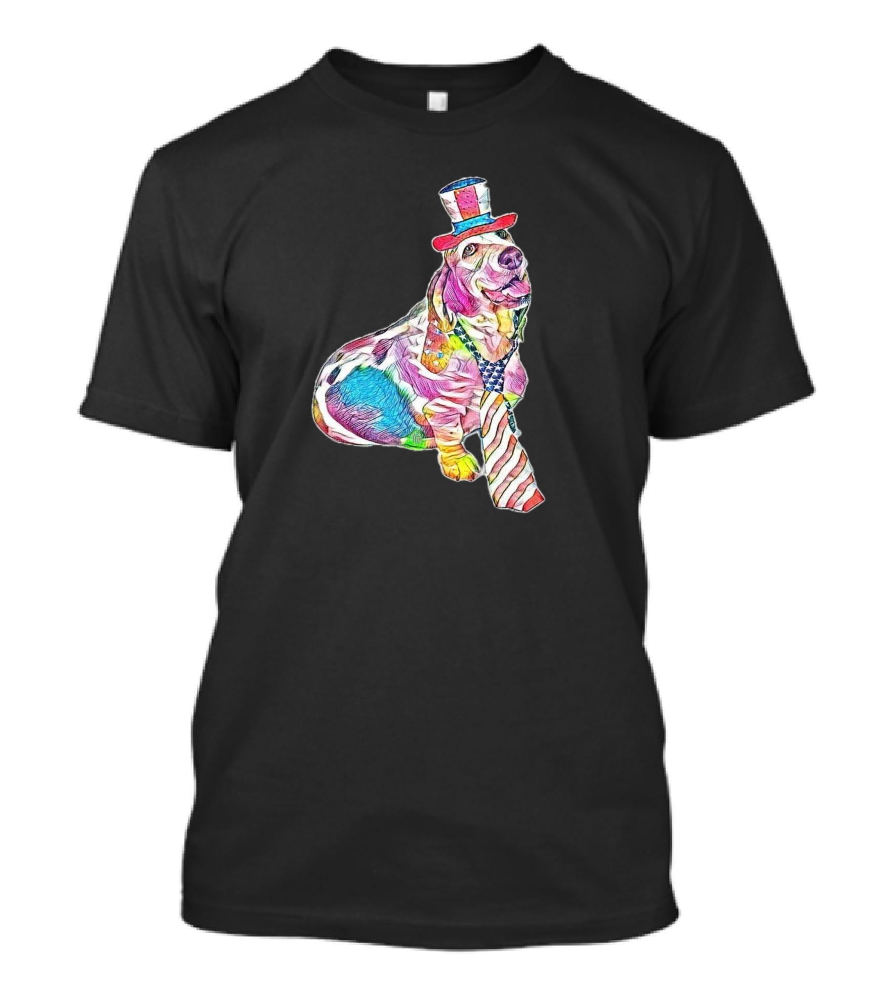 A Happy Basset Hound In Patriotic Uncle Sam Hat And Striped Tie Wear T-Shirt