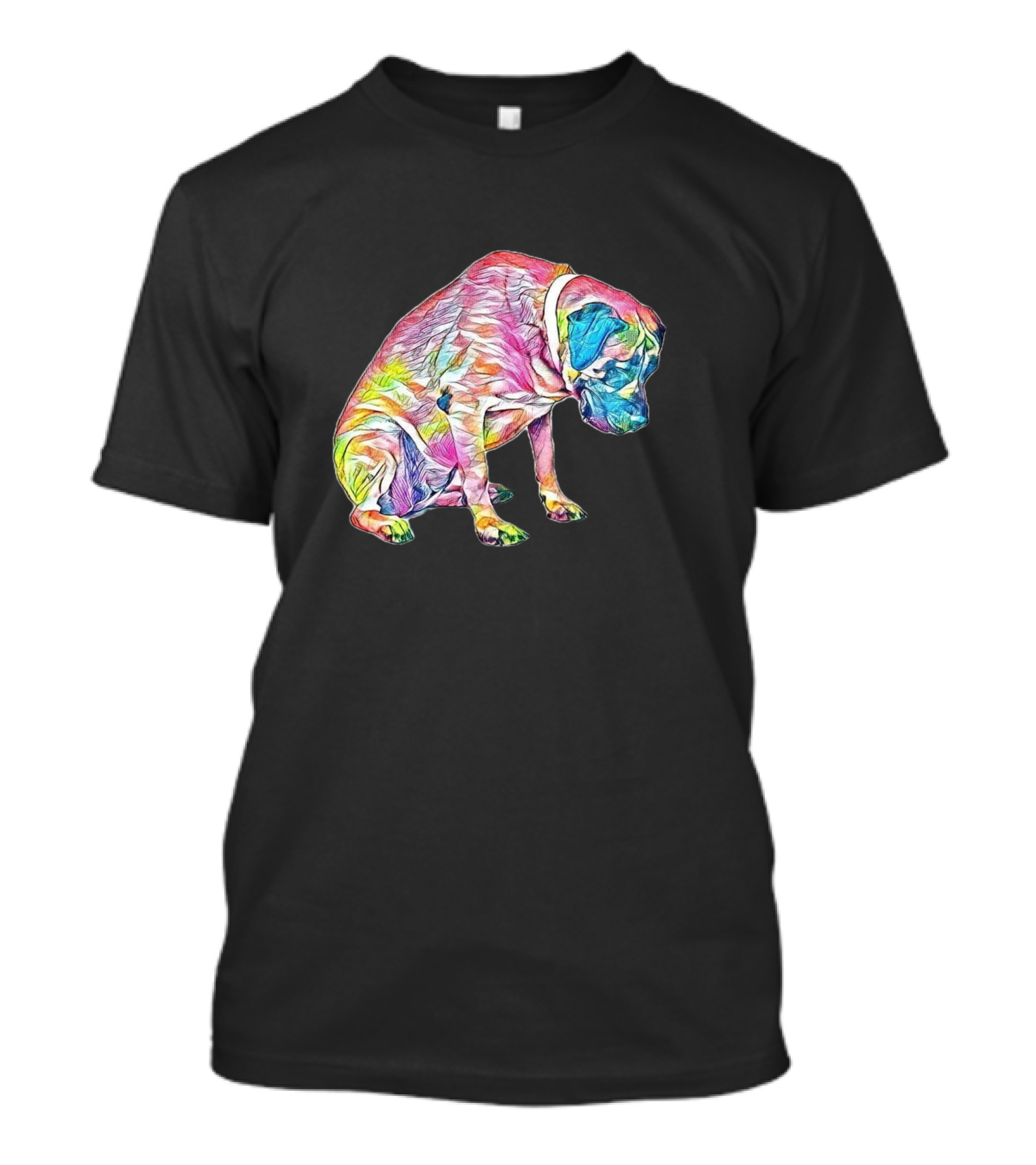 A Large Colorful Mastiff Dog Sitting In Vibrant Rainbow T-Shirt