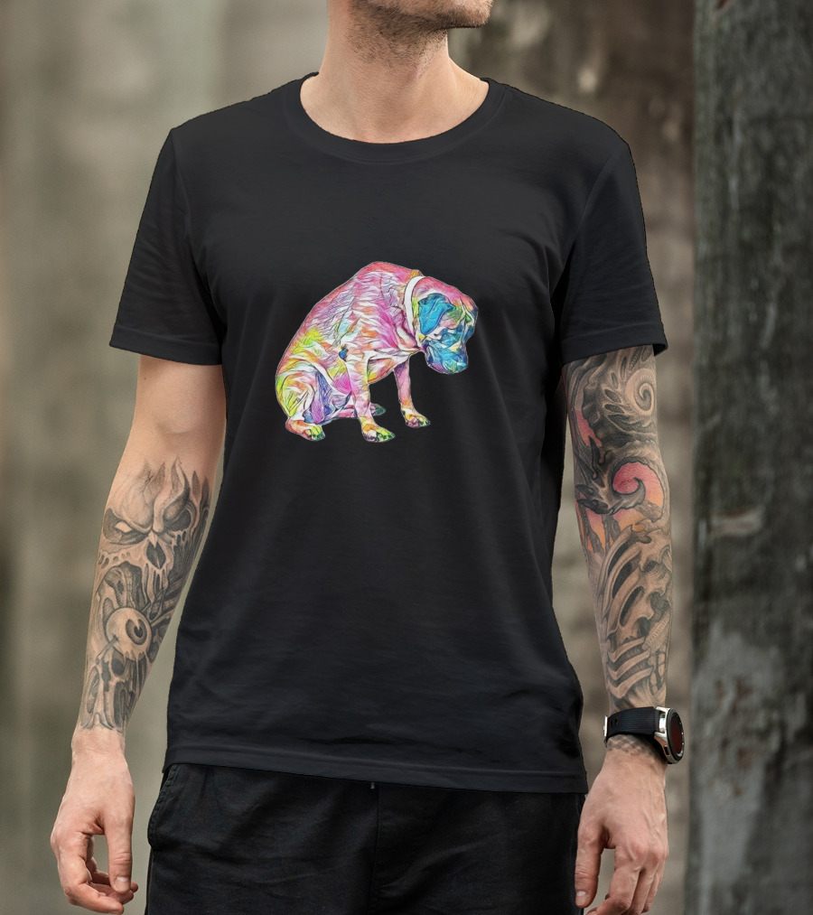 A Large Colorful Mastiff Dog Sitting In Vibrant Rainbow T-Shirt