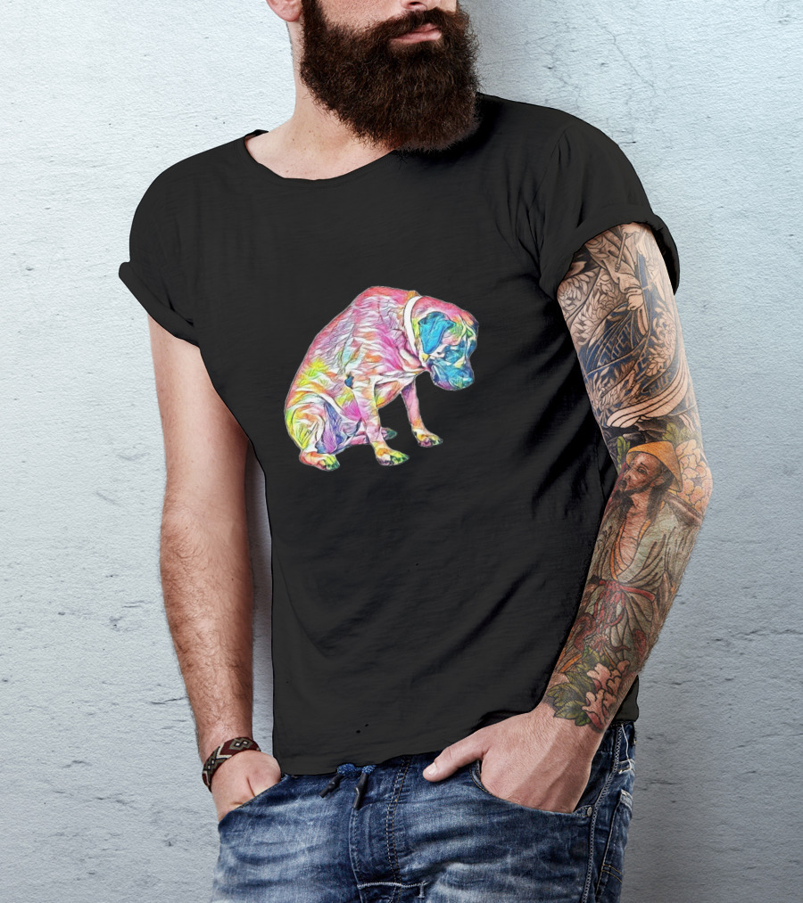A Large Colorful Mastiff Dog Sitting In Vibrant Rainbow T-Shirt