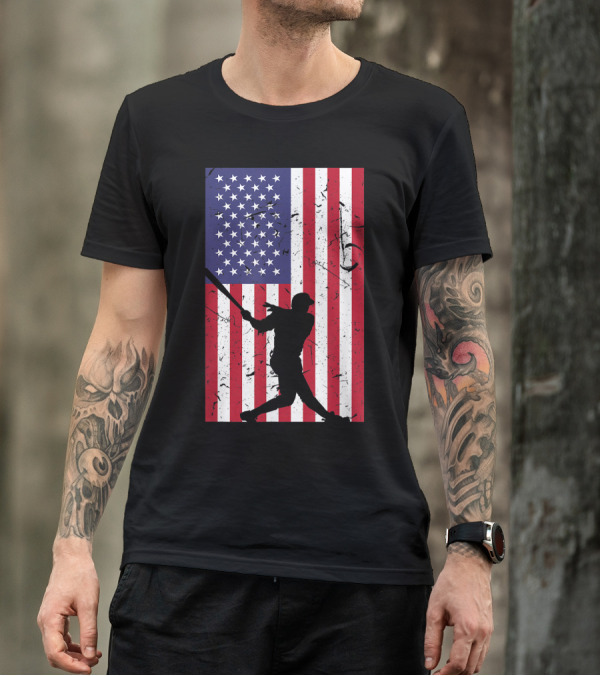 American Flag Distressed Baseball Player Silhouette Love T-Shirt