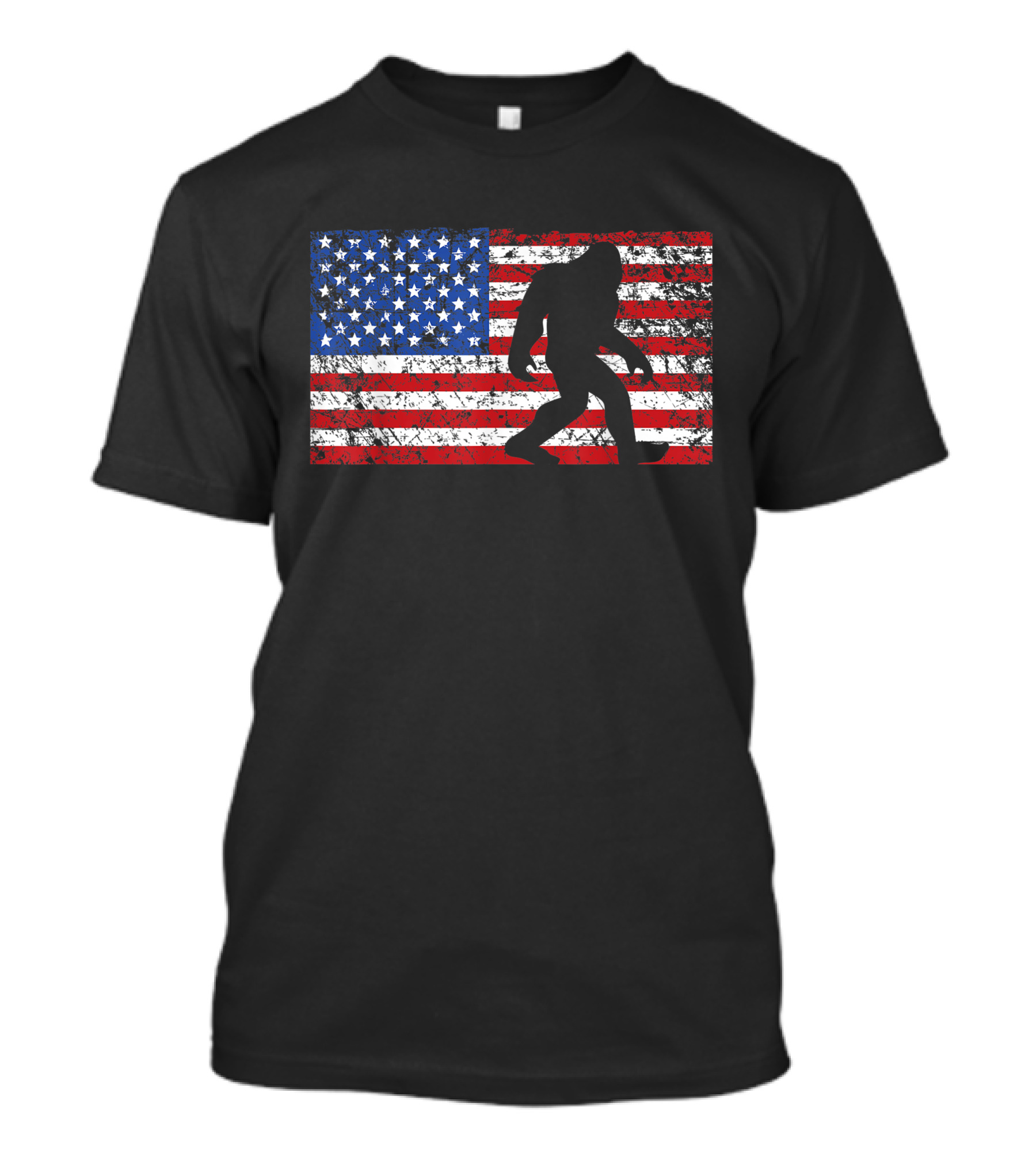 Bigfoot Silhouette On Distressed American Flag For Funny 4th Of July Sasquatch T-Shirt