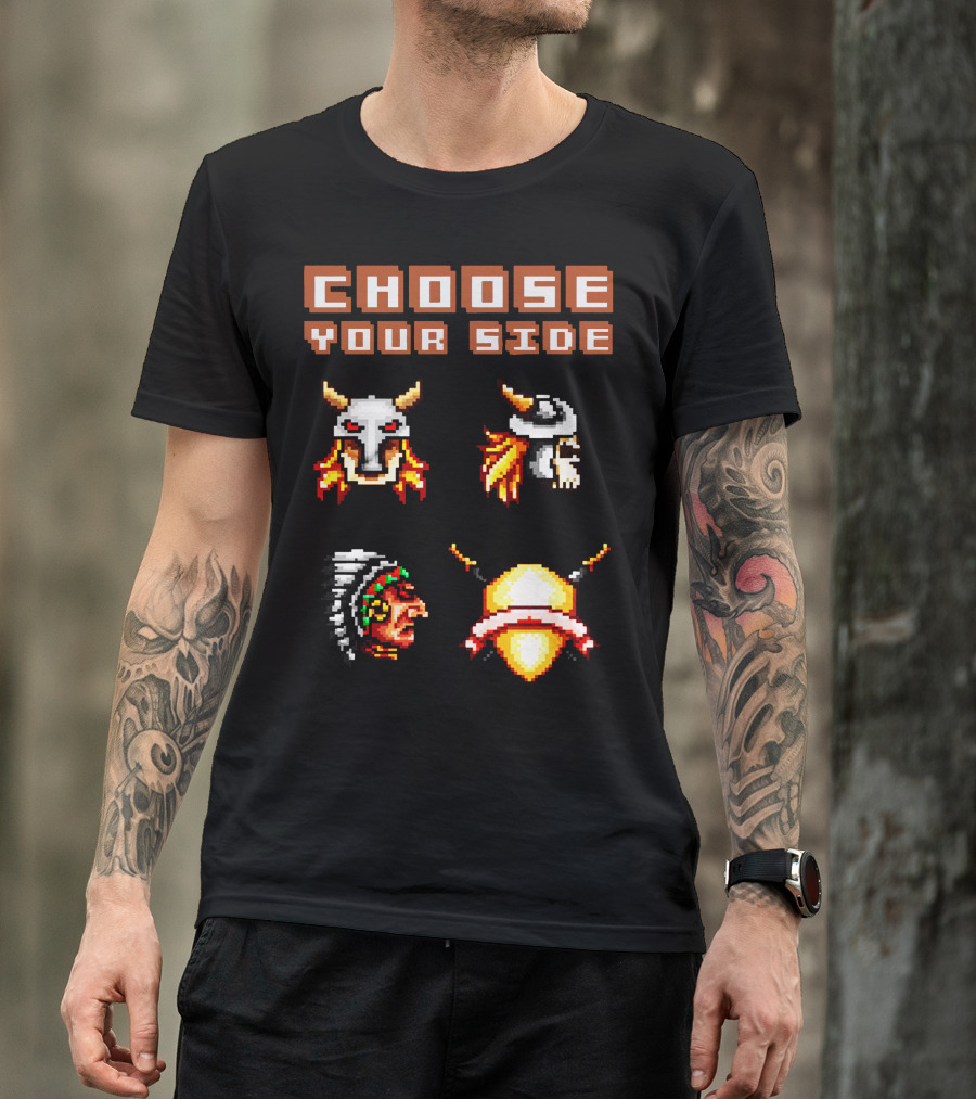 Choose Your Side Pixel Art Skull Duck Indian Shield Swords T-Shirt