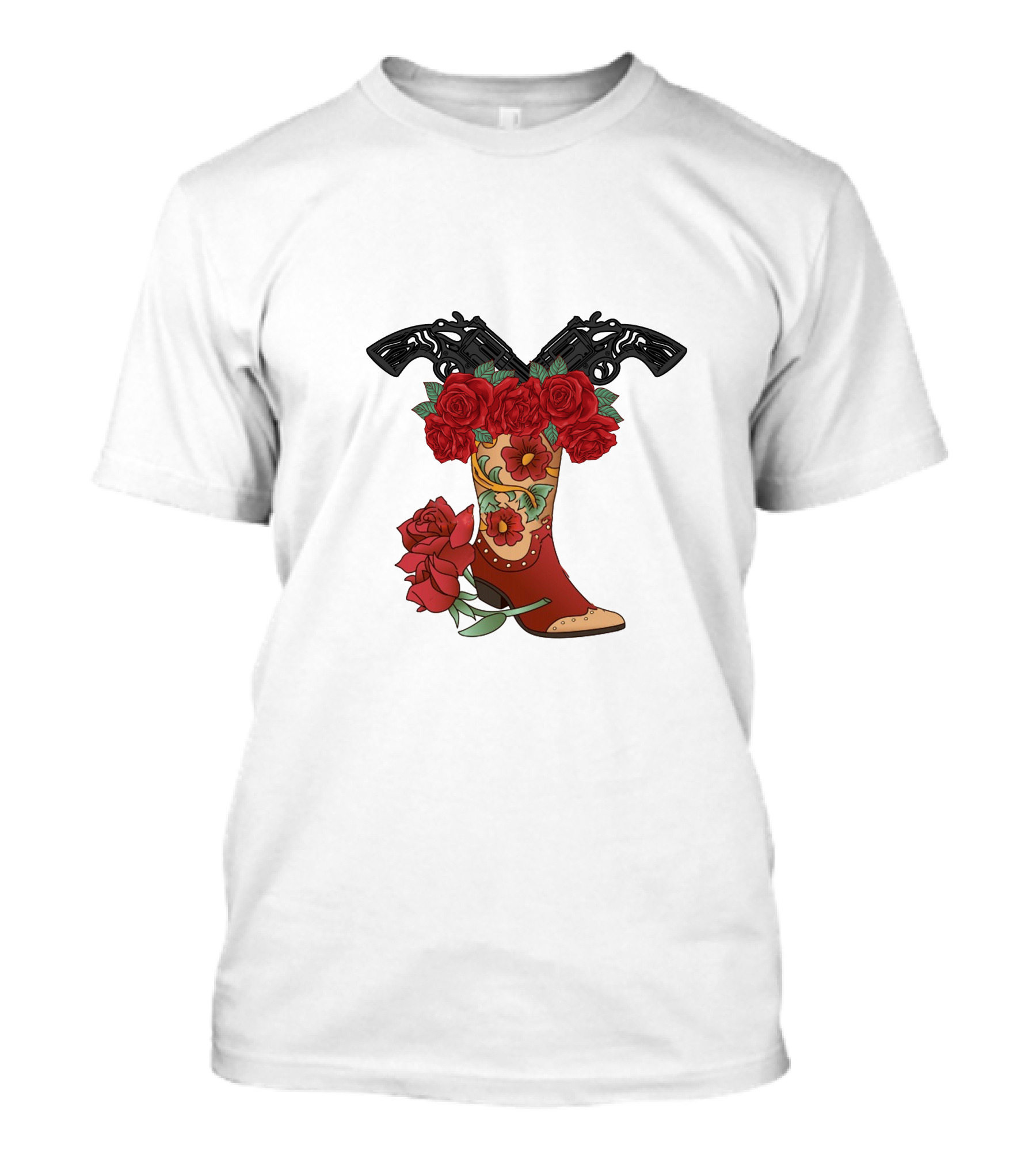 Cowboy Boots Floral Rose And Guns T-Shirt