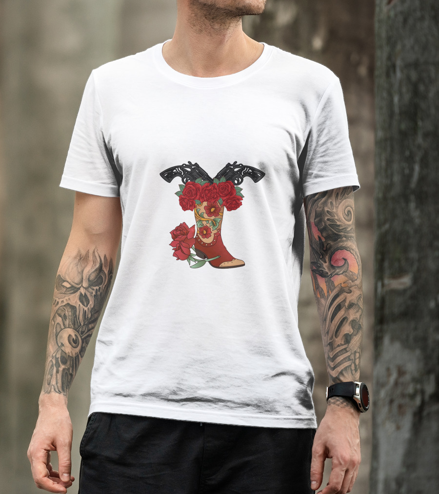 Cowboy Boots Floral Rose And Guns T-Shirt
