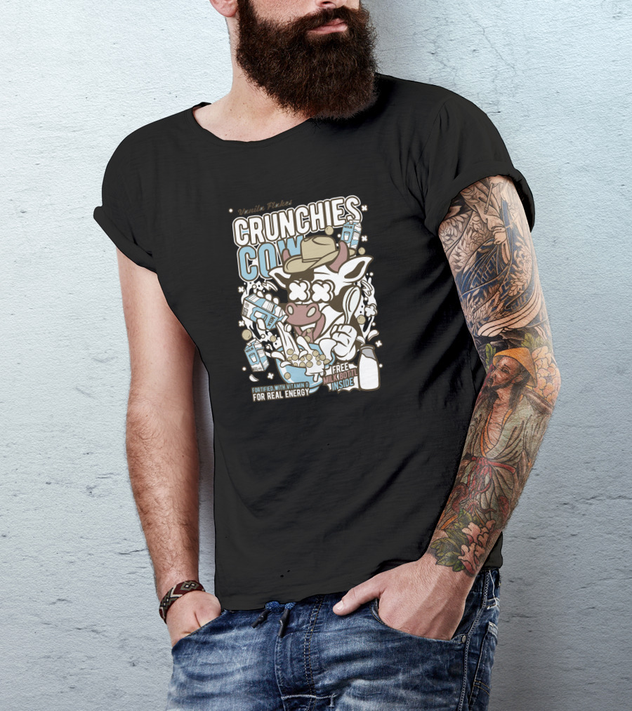 Vanilla Flavored Crunchies Cow Fortified With Vitamin D For Real Energy Free Milk Bottle Inside T-Shirt