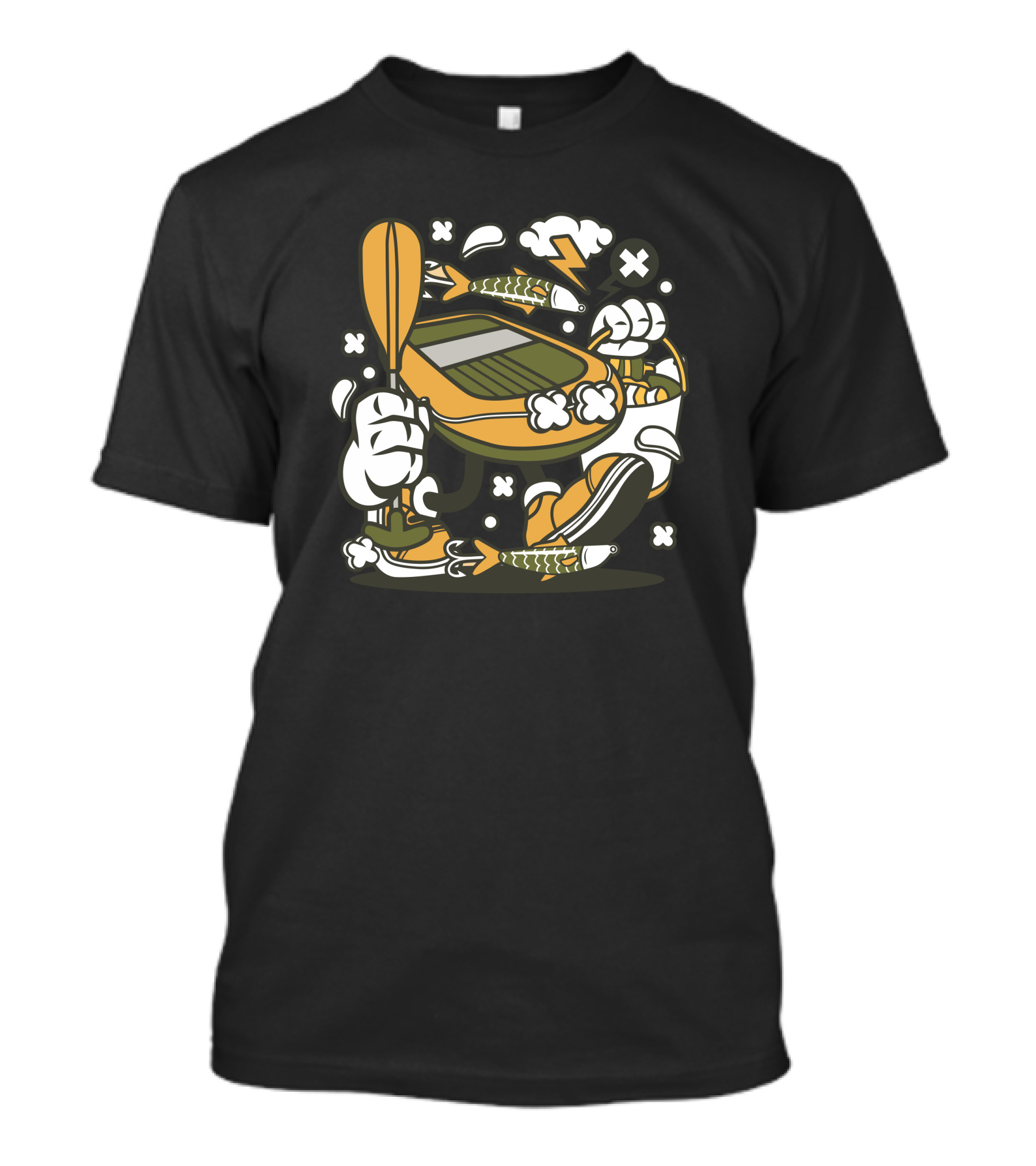 Fishing Boat Cartoon Style With Oars And Fish Elements T-Shirt