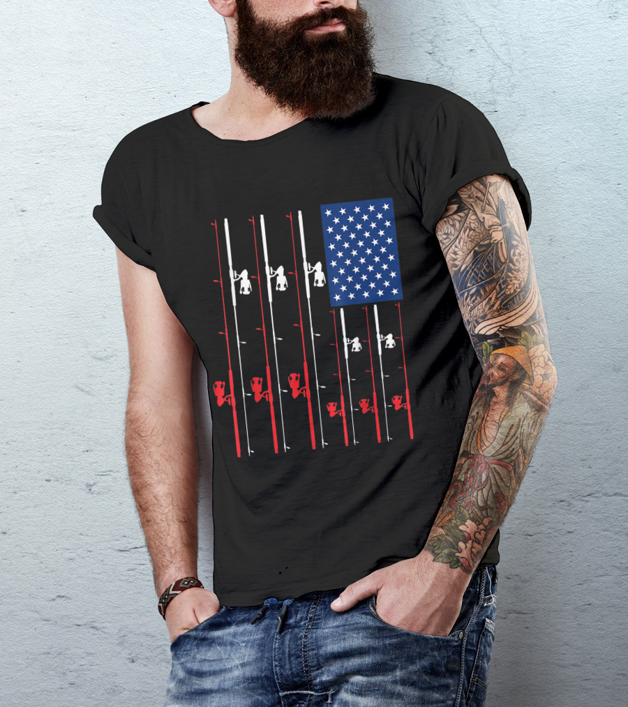 Fishing Rods American Flag Cute Fish Hunting USA T-Shirt