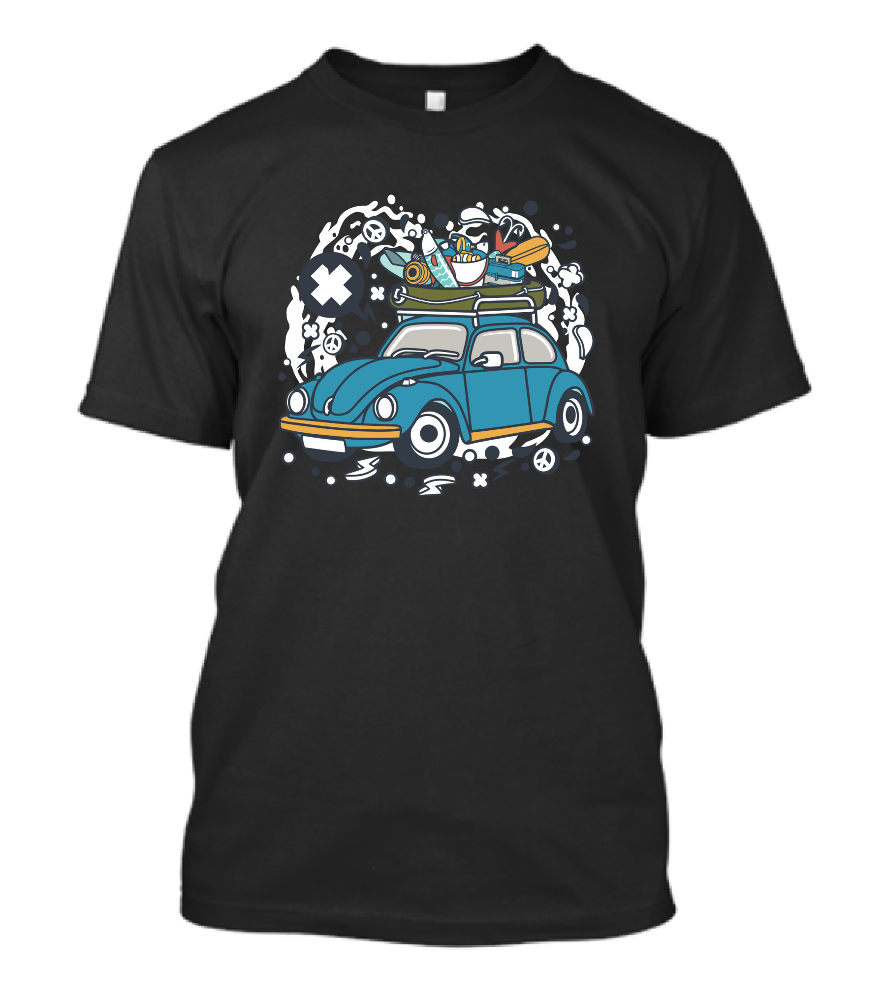 Fishing Tour Adventure: Vintage Car Road Trip With Gear And Peace Symbols T-Shirt