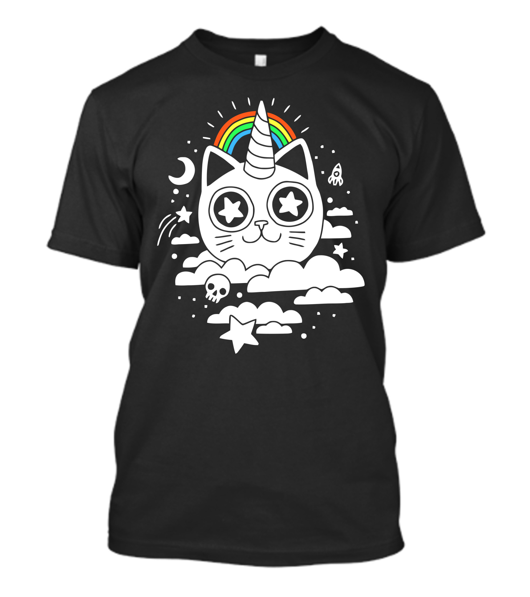 Funny Cat Unicorn Rainbow Stars Moon Rocket Cloud T-Shirt