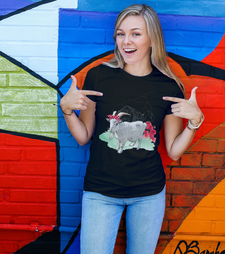Goat With Red Bow And Farmhouse Scene T-Shirt