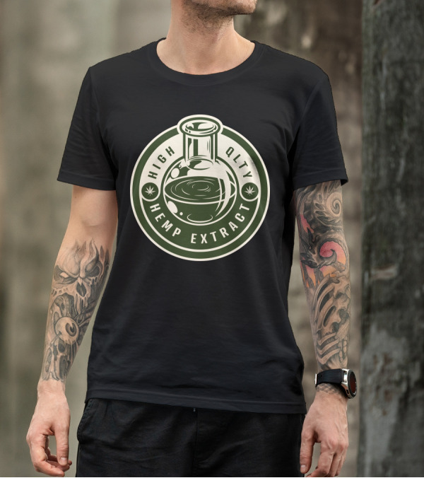 HIGH QLTY HEMP EXTRACT BEAKER LOGO CANNABIS ICON CIRCLE LABEL T-Shirt