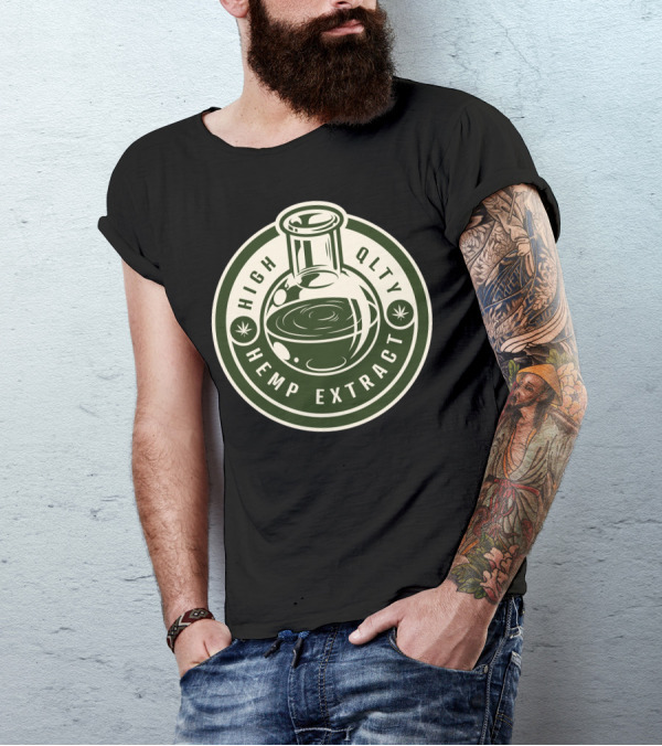 HIGH QLTY HEMP EXTRACT BEAKER LOGO CANNABIS ICON CIRCLE LABEL T-Shirt