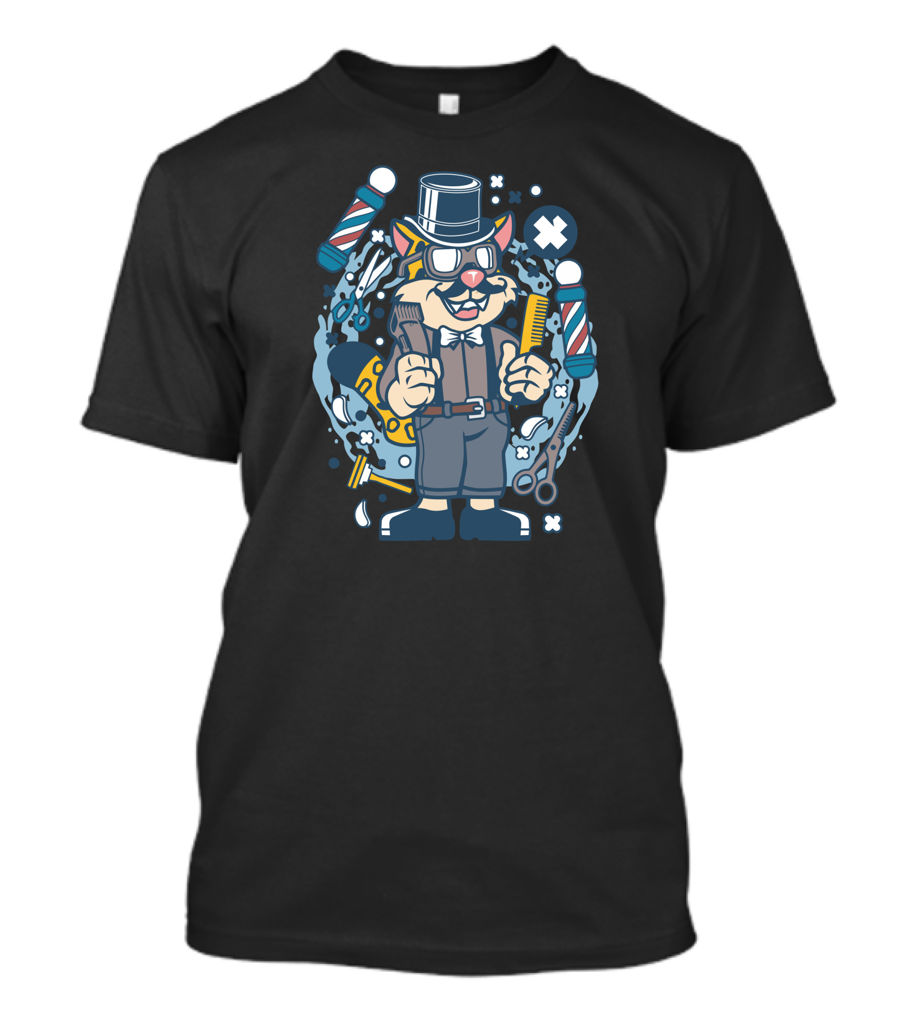 Hipster Barber Leopard With Top Hat And Tools Surrounded By Barber Poles T-Shirt
