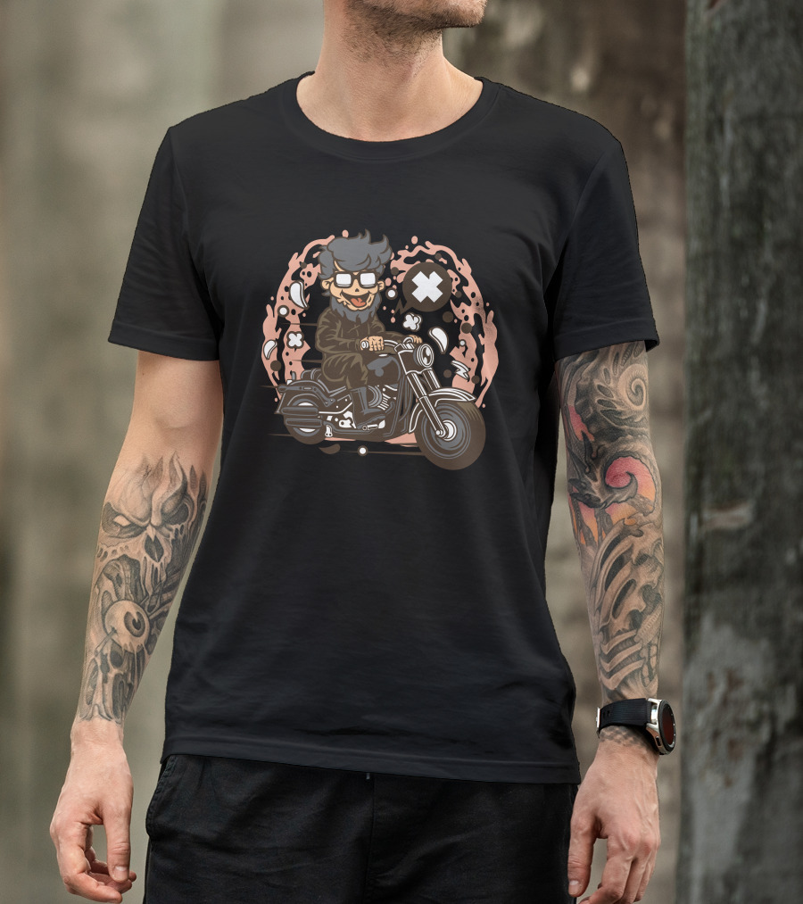 Hipster Biker Cartoon Riding Motorcycle With Glasses And Beard T-Shirt