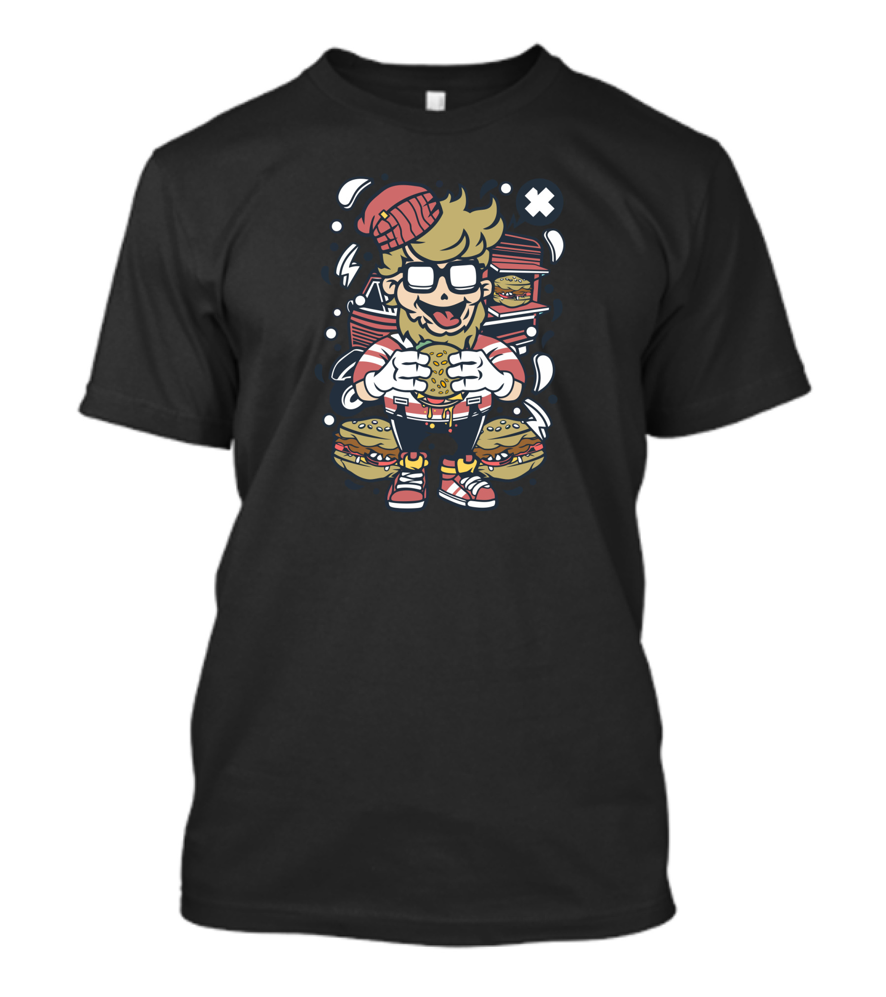 Hipster Burger Lover With Beanie And Glasses Eating Cheeseburger In Striped Shirt And Sneakers T-Shirt