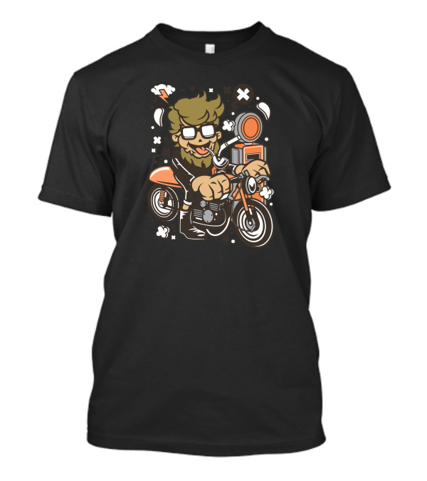 Hipster Cafe Racer Cartoon Character On Motorcycle With Pipe And Glasses T-Shirt