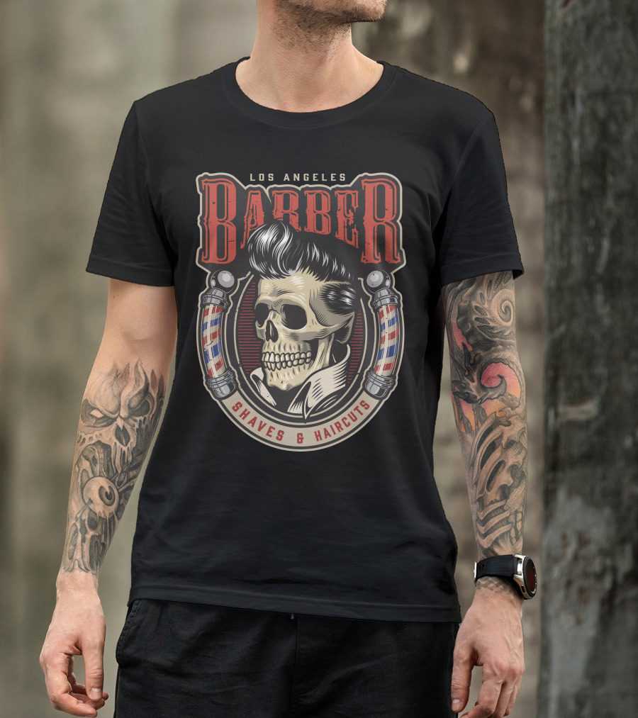 Los Angeles Barber Shaves And Haircuts Skull With Pompadour And Barber Poles T-Shirt