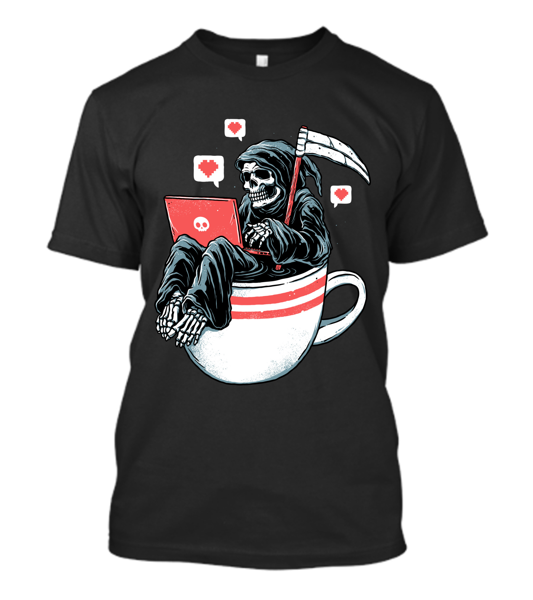 Love Death And Coffee Grim Reaper In A Coffee Cup With Laptop And Heart Icons T-Shirt