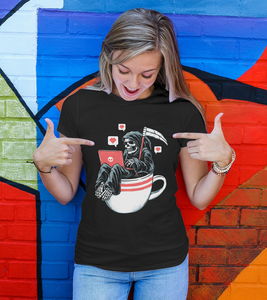 Love Death And Coffee Grim Reaper In A Coffee Cup With Laptop And Heart Icons T-Shirt