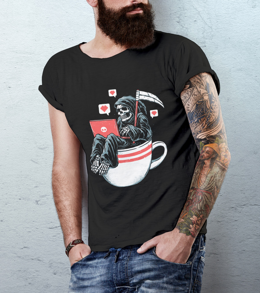 Love Death And Coffee Grim Reaper In A Coffee Cup With Laptop And Heart Icons T-Shirt
