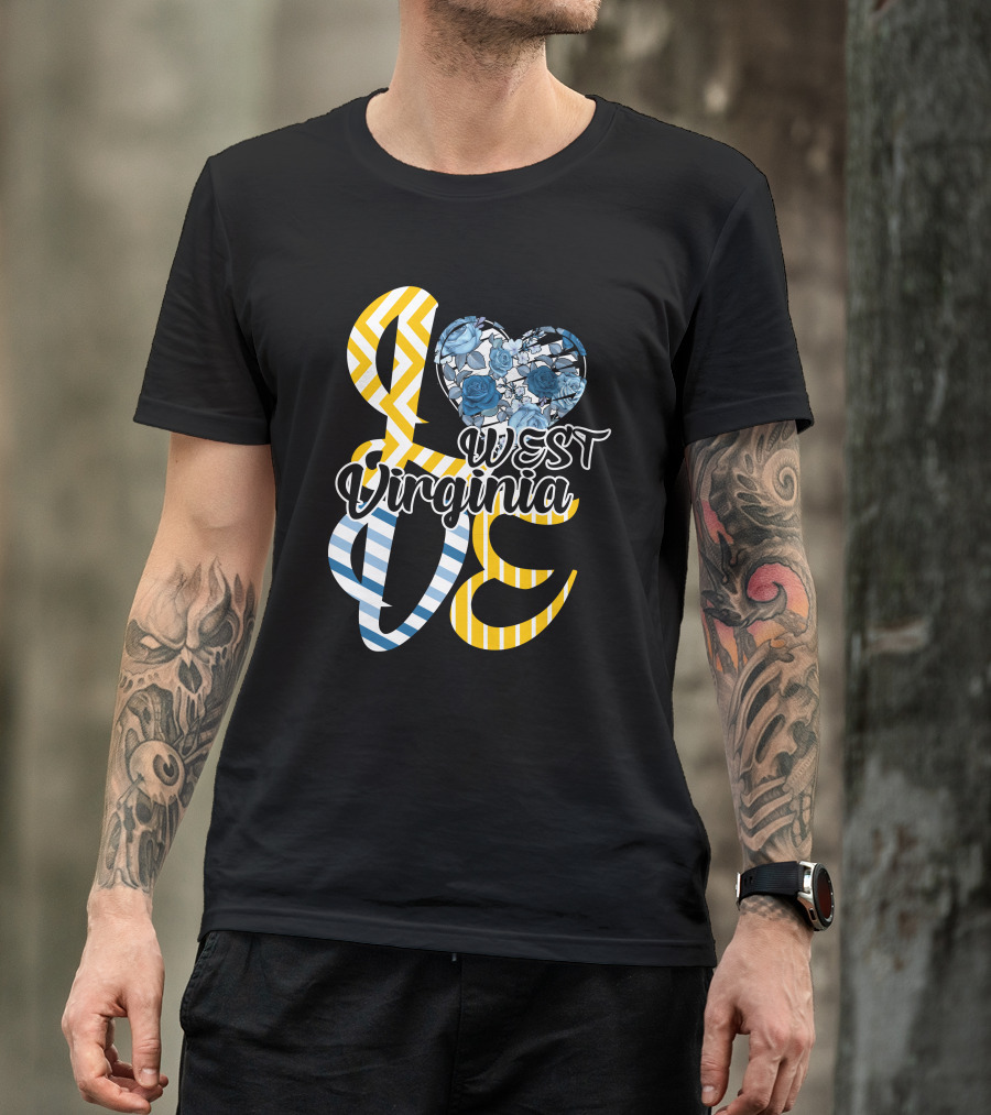 Love West Virginia Heart Blue Roses Chevron Stripes T-Shirt