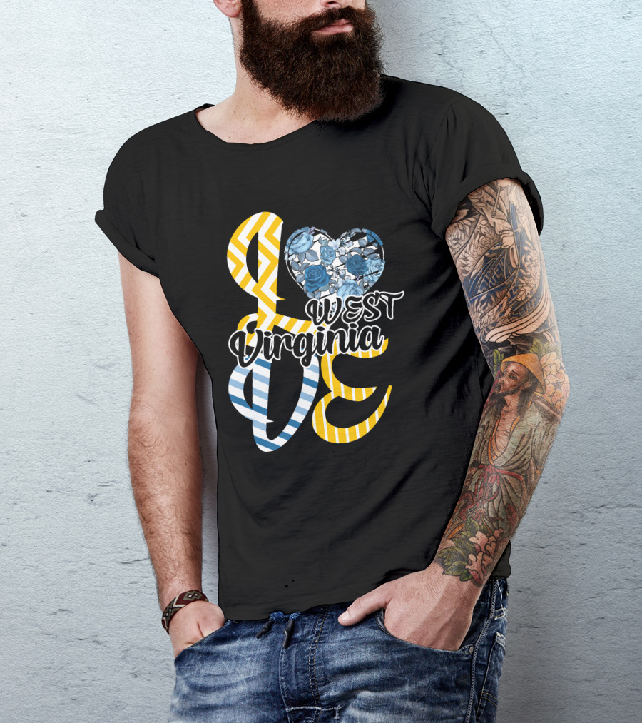 Love West Virginia Heart Blue Roses Chevron Stripes T-Shirt