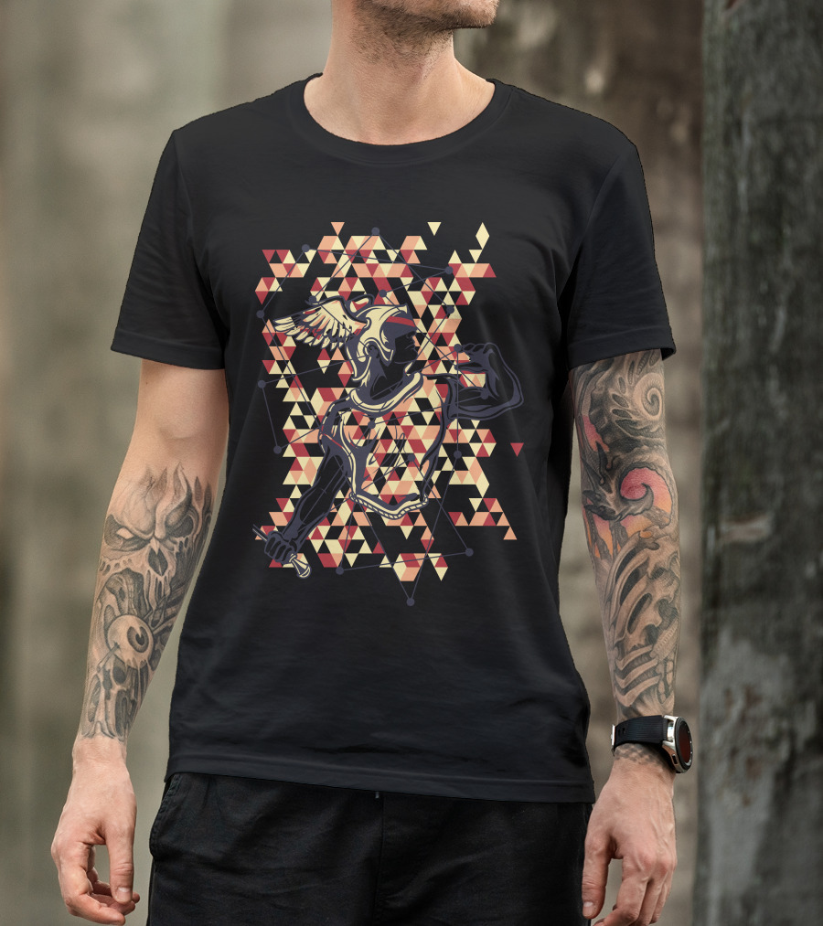 Roman Warrior With Winged Helmet And Geometric T-Shirt