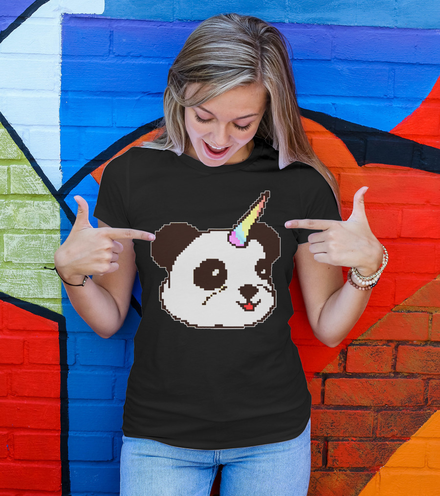 Pixel Art Panda With Rainbow Unicorn Horn T-Shirt
