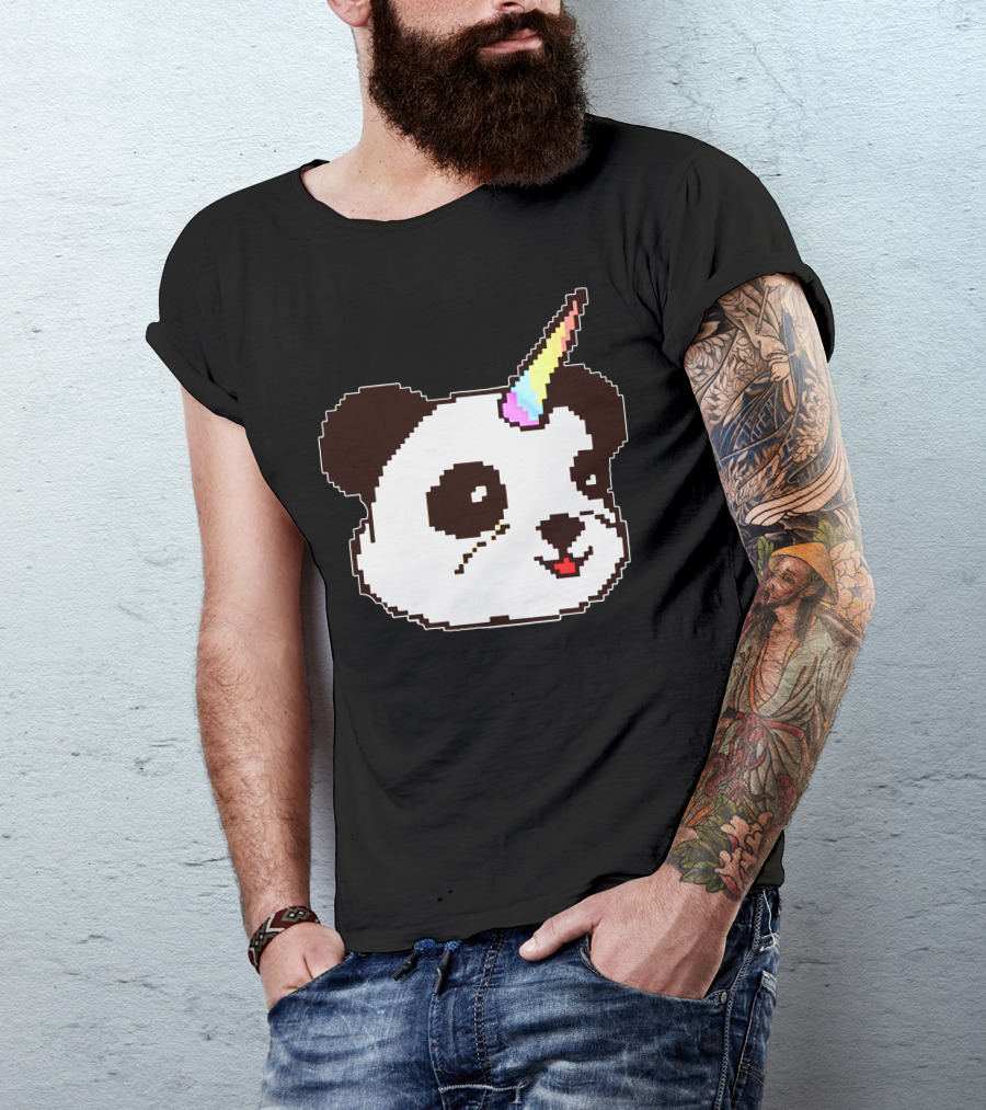 Pixel Art Panda With Rainbow Unicorn Horn T-Shirt