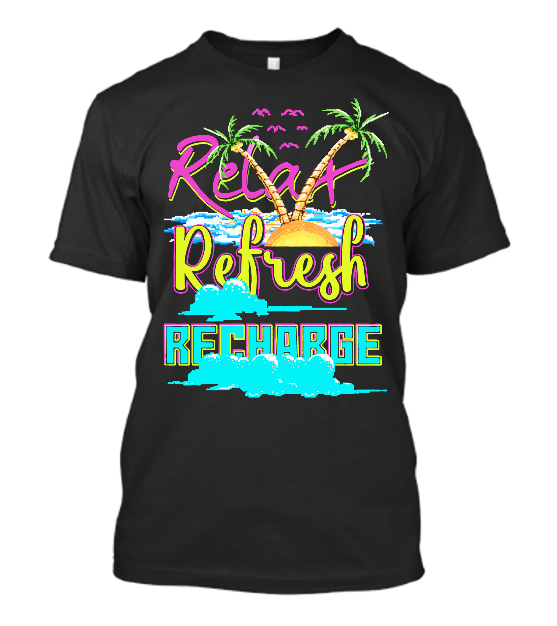 Relax Refresh Recharge Tropical Palm Sunset Scene T-Shirt
